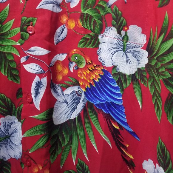 VHO Men L Red Hawaiian Tropical Floral Short Sleeve Button Up Parrott Bird Shirt - Picture 6 of 16